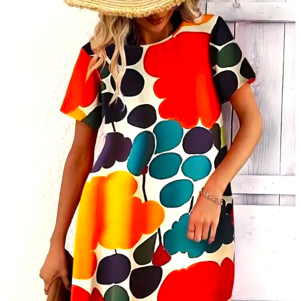 COLORBLOCK DARK GREEN LEAF MULTICOLOR L KNEE LENGTH CREW NECK HIGH END DRESS